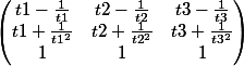 \[\begin{pmatrix}t1-\frac{1}{t1} & t2-\frac{1}{t2} & t3-\frac{1}{t3}\cr t1+\frac{1}{{t1}^{2}} & t2+\frac{1}{{t2}^{2}} & t3+\frac{1}{{t3}^{2}}\cr 1 & 1 & 1\end{pmatrix}\]